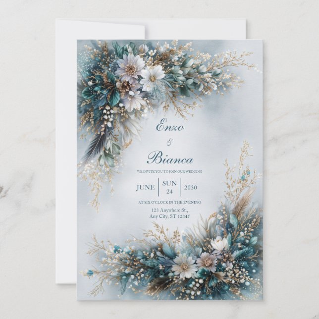 Elegant Teal Blue Floral Gold Feather Wedding Inbjudningar (Framsida)