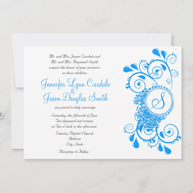 Elegant Teal Blue Flourish Monogram bröllopsinbjud Inbjudningar (Framsida)