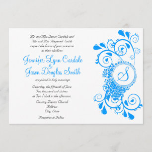Elegant Teal Blue Flourish Monogram bröllopsinbjud Inbjudningar