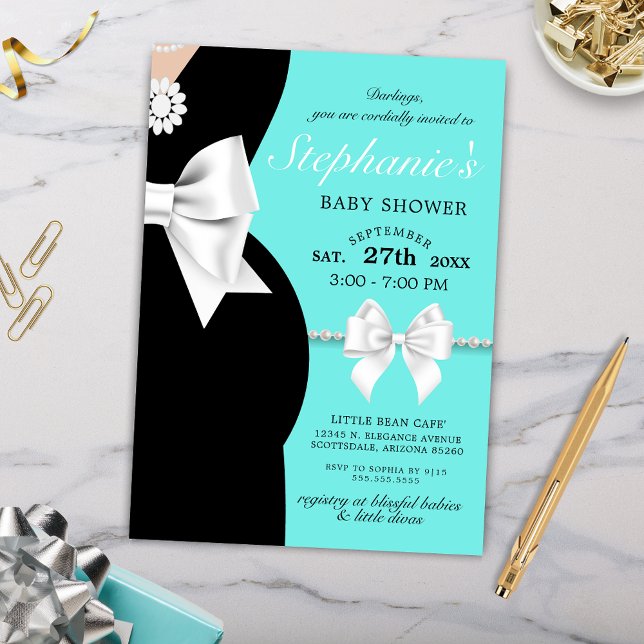 Elegant Teal Blue Glam Tiffany Theme Baby Shower Inbjudningar (Elegant Little Black Dress Bows and Pearls Baby Shower Invitation with Tiffany Theme)