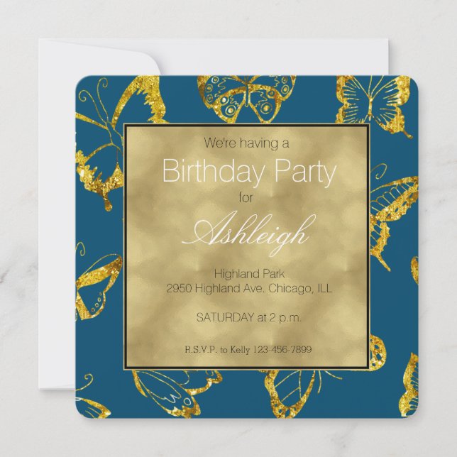 Elegant Teal Blue Guld Butterflies Birthday Inbjudningar (Framsida)