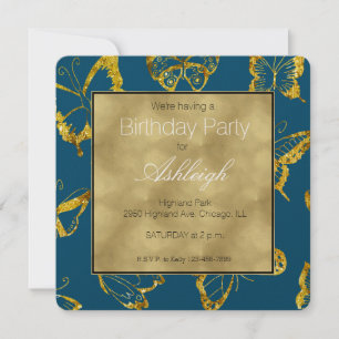 Elegant Teal Blue Guld Butterflies Birthday Inbjudningar