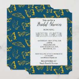 Elegant Teal Blue Guld Butterflies Möhippa Inbjudningar