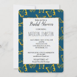 Elegant Teal Blue Guld Butterflies Möhippa Inbjudningar