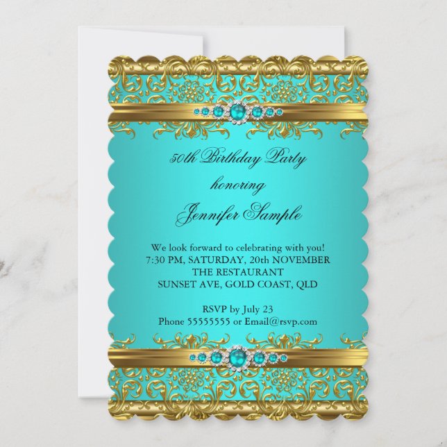 Elegant Teal Blue Guld Damask Diamond Birthday 2 Inbjudningar (Framsida)