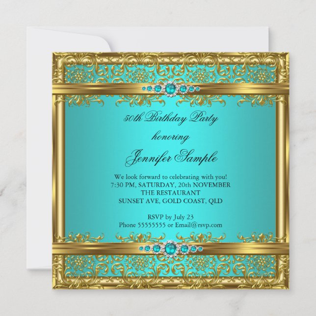 Elegant Teal Blue Guld Damask Diamond Birthday Inbjudningar (Framsida)