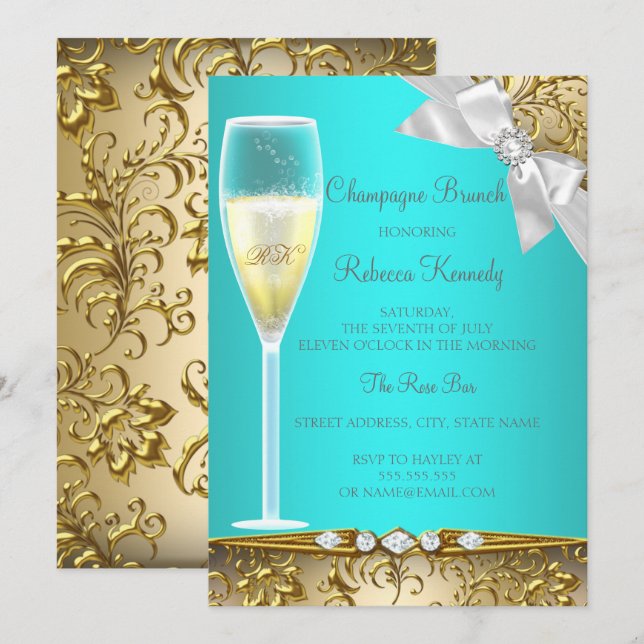 Elegant Teal Blue Guld White Champagne Brunch Inbjudningar (Fram/baksida)