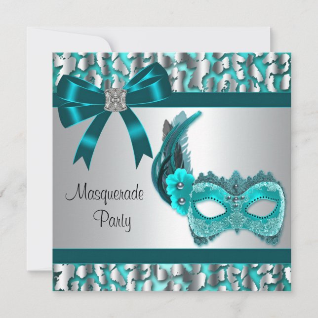 Elegant Teal Blue Leopard Masquuppad Party Inbjudningar (Framsida)