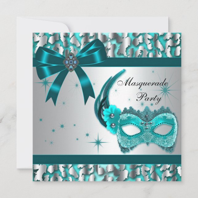 Elegant Teal Blue Leopard Masquuppad Party Inbjudningar (Framsida)