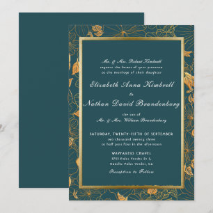 Elegant Teal Blue och Guld Blommigt Bröllop Inbjudningar