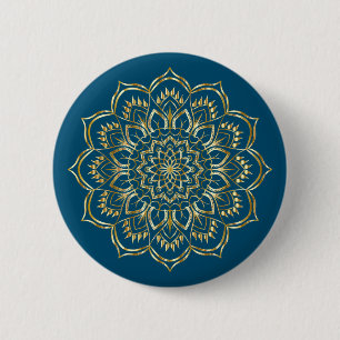 Elegant Teal Blue och Guld Blommigt Mandala Mönste Knapp