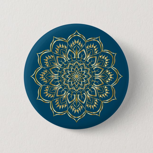 Elegant Teal Blue och Guld Blommigt Mandala Mönste Knapp (Framsida)
