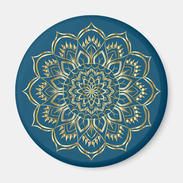 Elegant Teal Blue och Guld Blommigt Mandala Mönste Magnet (Framsidan)