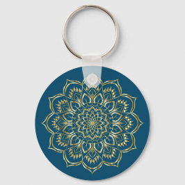 Elegant Teal Blue och Guld Blommigt Mandala Mönste Nyckelring