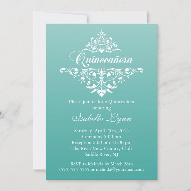 Elegant Teal Blue Ombre Quinceañera Party Inbjudningar (Framsida)