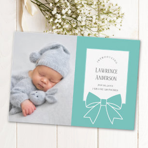 Elegant Teal Blue Ribbon Bow Baby 2 Fotofödelse Meddelande