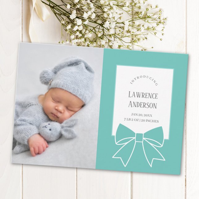 Elegant Teal Blue Ribbon Bow Baby 2 Fotofödelse Meddelande (Skapare uppladdad)