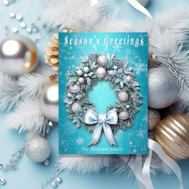 Elegant Teal Blue & Silver God jul Helg Vykort (Elegant Winter Wonderland Blue and Silver Wreath Christmas Postcard)