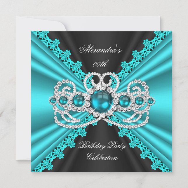 Elegant Teal Blue Snöre Black Diamond Birthday Inbjudningar (Framsida)