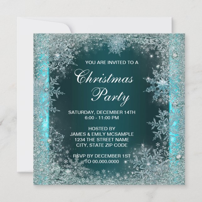 Elegant Teal Blue Snowflake jul Party Inbjudningar (Framsida)