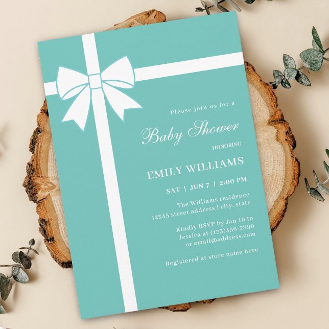 Elegant Teal Blue & White Ribbon Bow Baby Shower Inbjudningar (Skapare uppladdad)