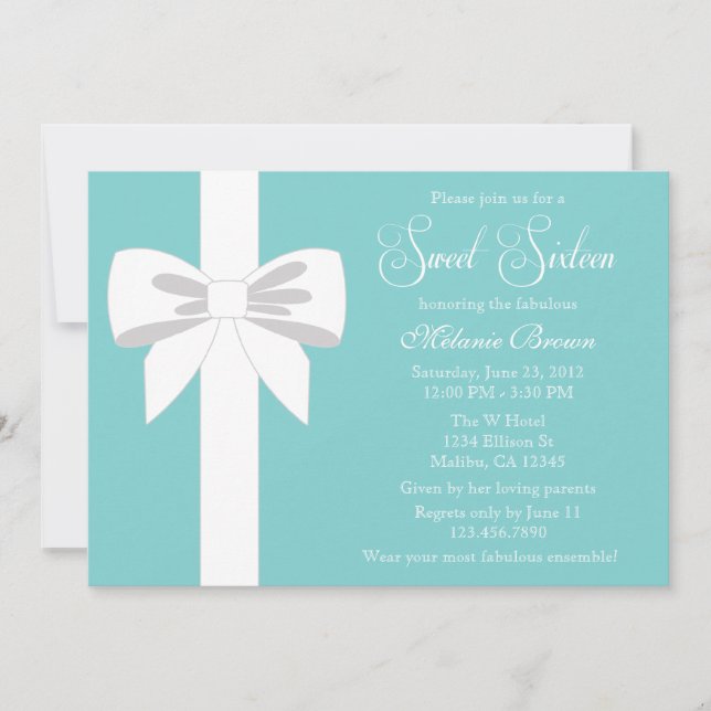 Elegant Teal Blue White Ribbon Sweet sixteen Inbjudningar (Framsida)