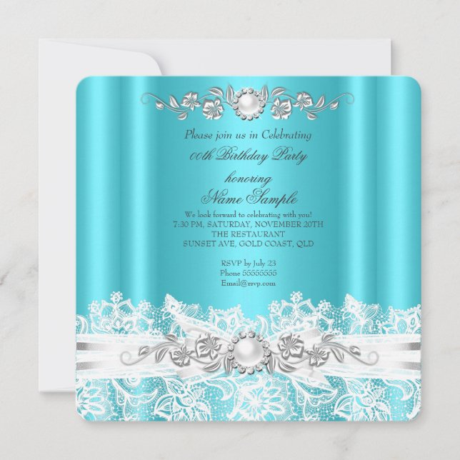 Elegant Teal Blue White Snöre Jewel Bow Birthday 2 Inbjudningar (Framsida)