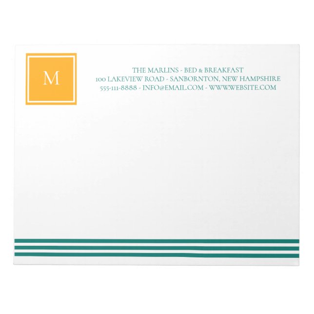 Elegant Teal Blues White Stripe Monogram B & B Anteckningsblock (Framsida)