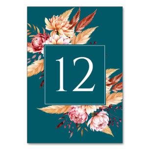 Elegant Teal Boho Blommigt Bröllop Bordsnummer