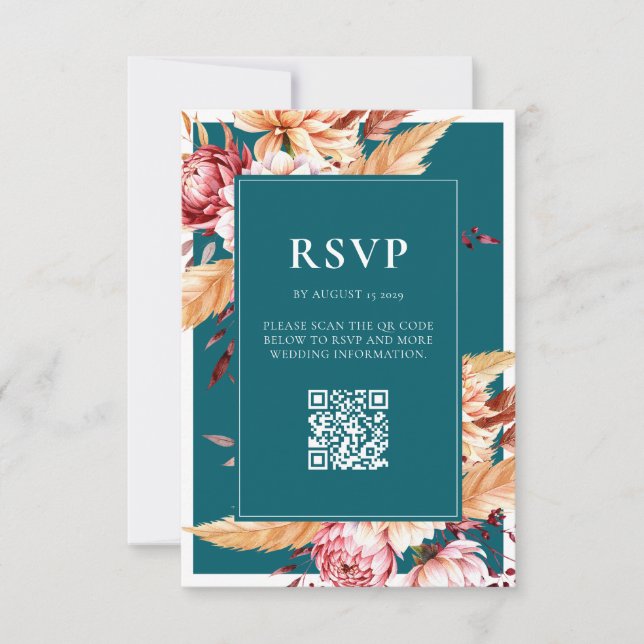 Elegant Teal Boho Chic Blommigt Bröllop OSA Kort (Framsida)