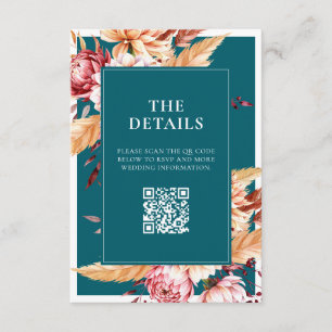 Elegant Teal Boho Chic Blommigt Bröllop Tilläggskort