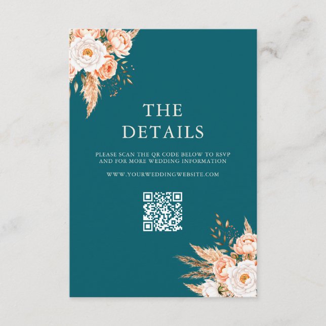 Elegant Teal Boho Chic Fall Blommigt Bröllop Tilläggskort (Framsida)