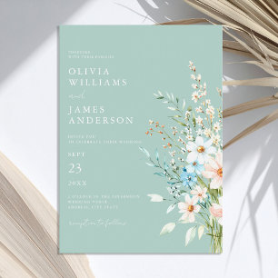 Elegant Teal Boho Chic Wildblomme Blommigt Bröllop Inbjudningar