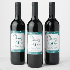 Elegant Teal Bokeh Gnistrande 50-årsfest Vinflaska Etikett