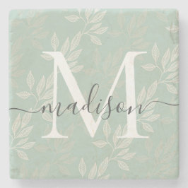 Elegant Teal Botanical Löv Monogram Script Namn Stenunderlägg
