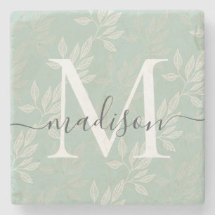 Elegant Teal Botanical Löv Monogram Script Namn Stenunderlägg