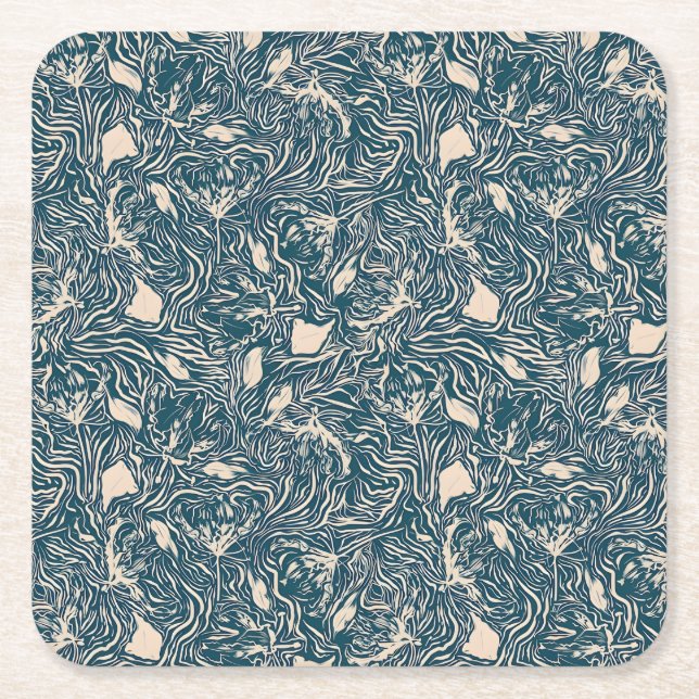 Elegant Teal Botanical Swirl Seamless Pattern Underlägg Papper Kvadrat (Framsidan)