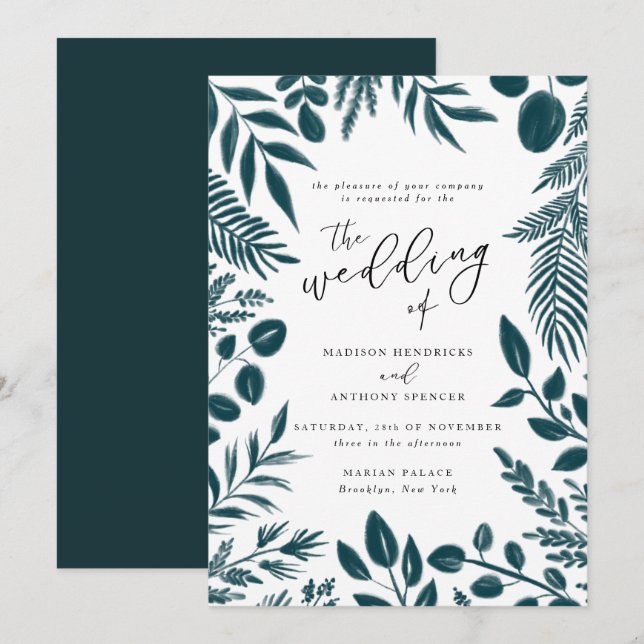 Elegant Teal Botanical Wedding bjudande Inbjudningar (Fram/baksida)