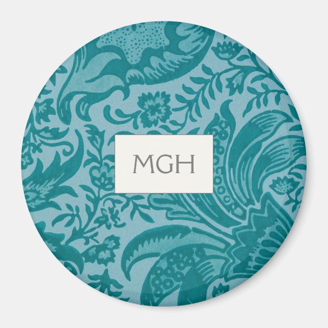 Elegant Teal Botanisk Mönsterinitial Magnet (Framsidan)