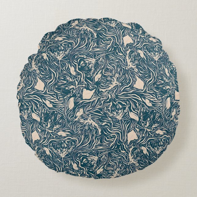 Elegant Teal Botanisk Slingrande Sömlöst Mönster Rund Kudde (Framsidan)