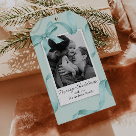 Elegant Teal Bow Photo Holiday Presentetikett