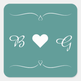 Elegant Teal Bröllop Heart Monogram Brev säl Fyrkantigt Klistermärke