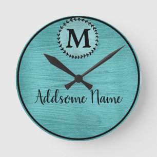 Elegant Teal Brushed Metall Black monogrammad chic Rund Klocka