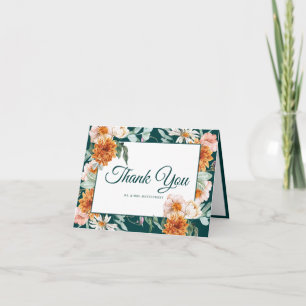 Elegant Teal Burnt Orange Blommigt Bröllop Photo Tack Kort