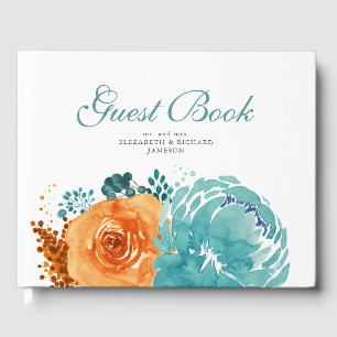 Elegant Teal Burnt Orange Fall Blommigt Bröllop Gästböcker