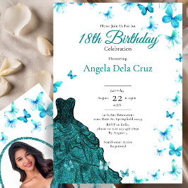 Elegant Teal Butterflies Dress 18th Birthday Debut Inbjudningar