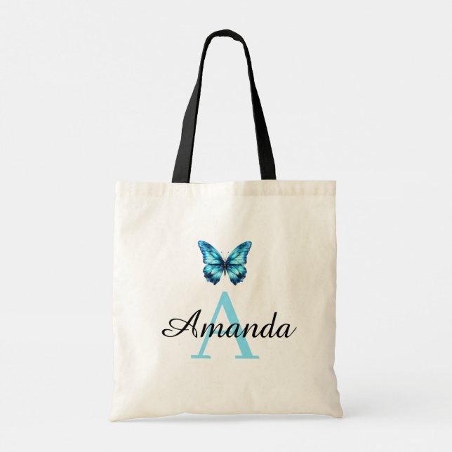 Elegant Teal Butterfly Namn Monogram Tygkasse (Baksida)