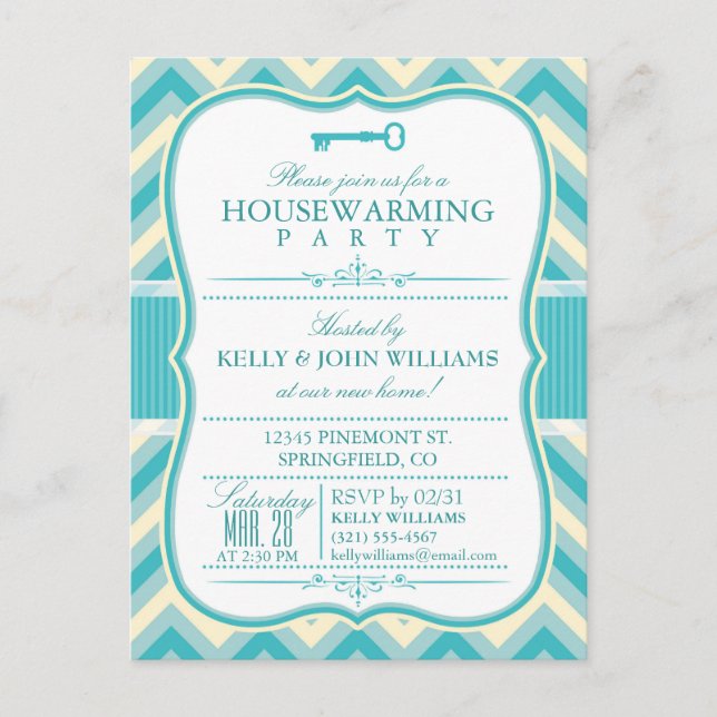Elegant Teal Chevron Houseuppvärmningsvykort Inbju Inbjudan Vykort (Framsida)