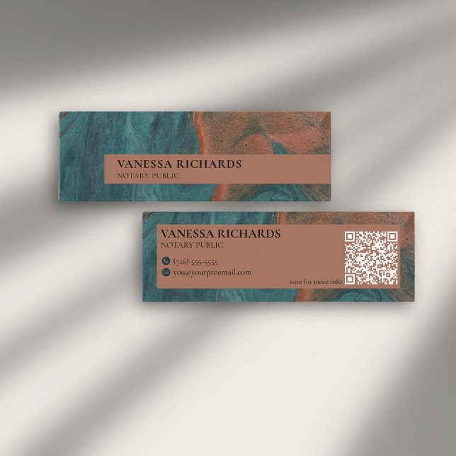 Elegant Teal & Copper Abstrakt QR Code Notary Mini Visitkort (Skapare uppladdad)