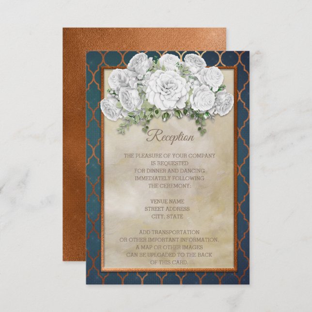 Elegant Teal Copper White Blommigt Wedding Recepti Inbjudningar (Fram/baksida)